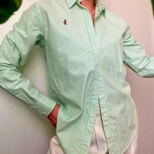 100% Cotton Ralph Lauren Green and White Striped Button Down Like New